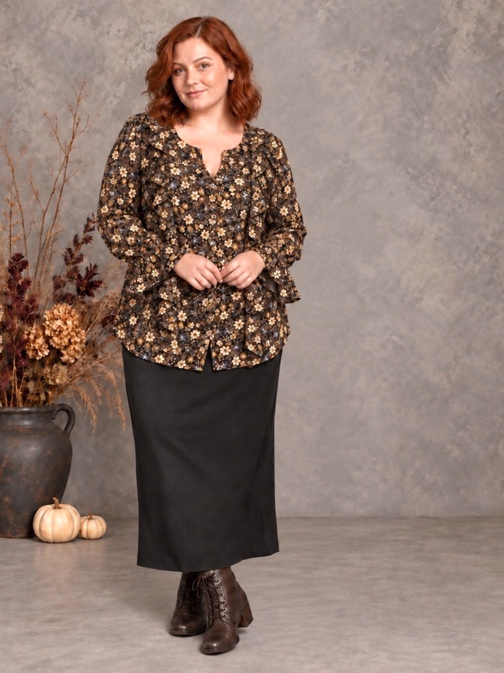 Dark Floral Prairie Ruffle Tunic Blouse 14/16W 1X